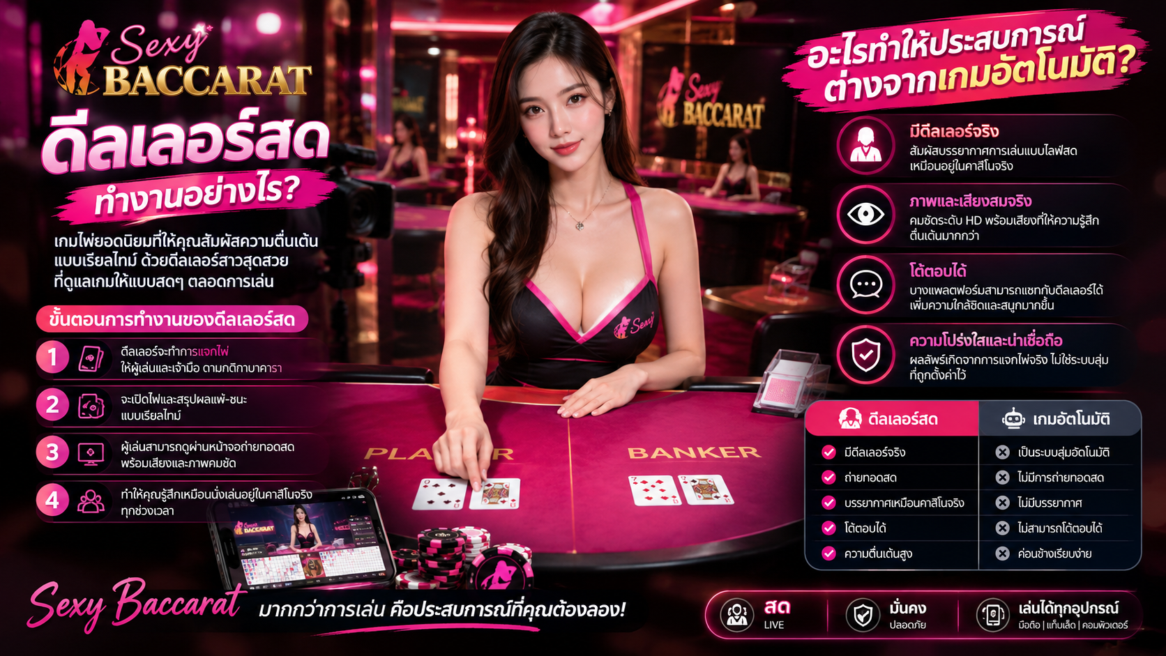 Sexy Baccarat ดีลเลอร์สด 2026 ทำงานอย่างไร ต่างจากเกมอัตโนมัติ