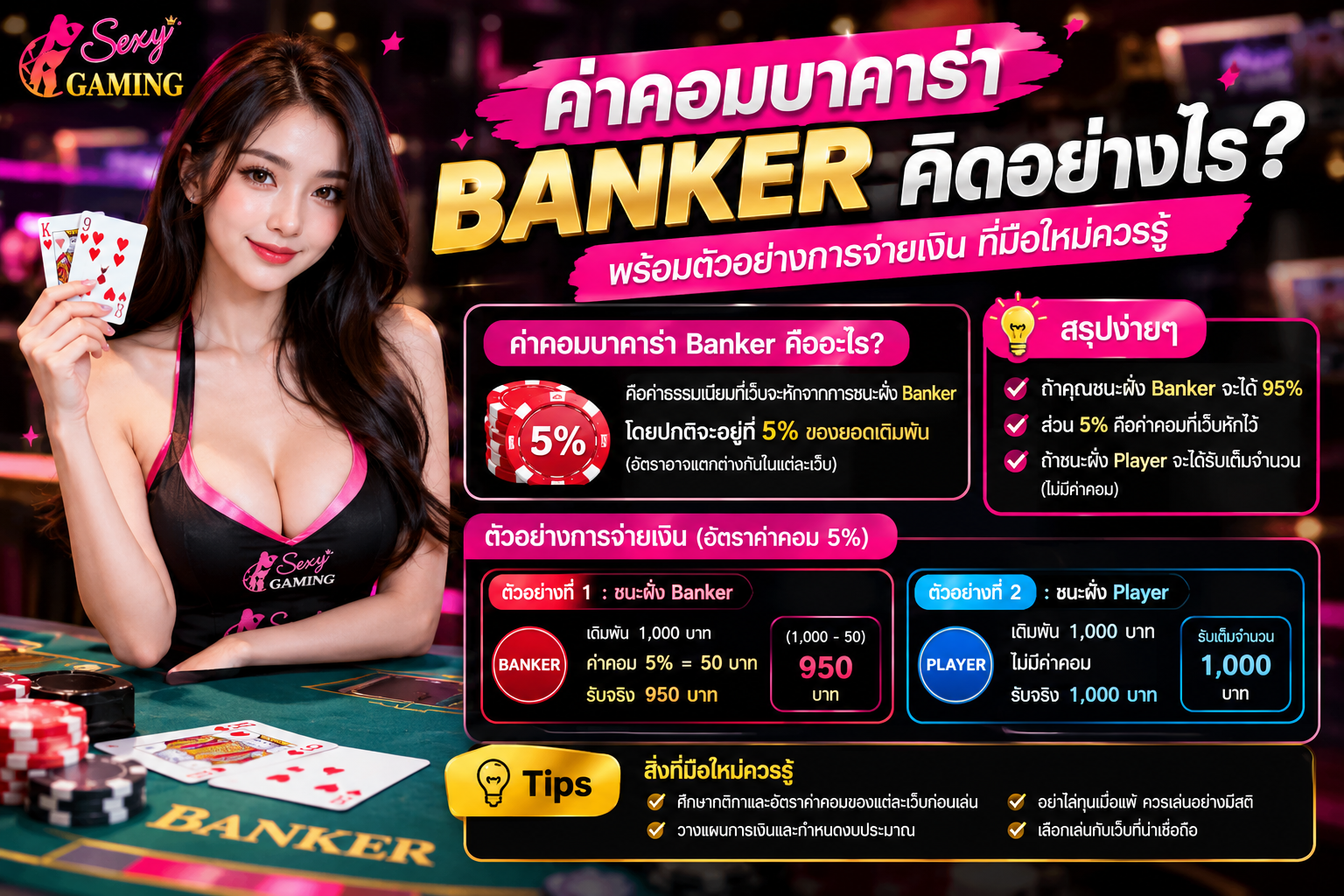 ค่าคอมบาคาร่า Banker คิดอย่างไร? เข้าใจ Player Banker Tie พร้อมตัวอย่างจ่ายเงินจริง 2026 | Sexy Gaming